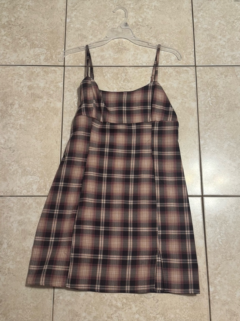 Aeropostale Plaid Spaghetti-Strap Mini Dress in Brown and Cream